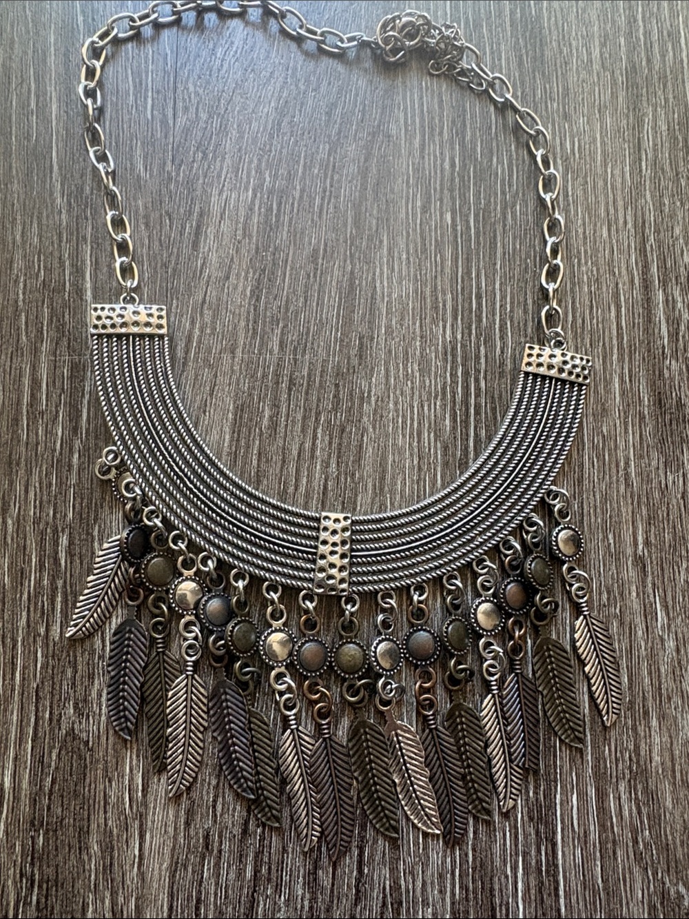 Boho Silver-Tone Feather Fringe Statement Necklace